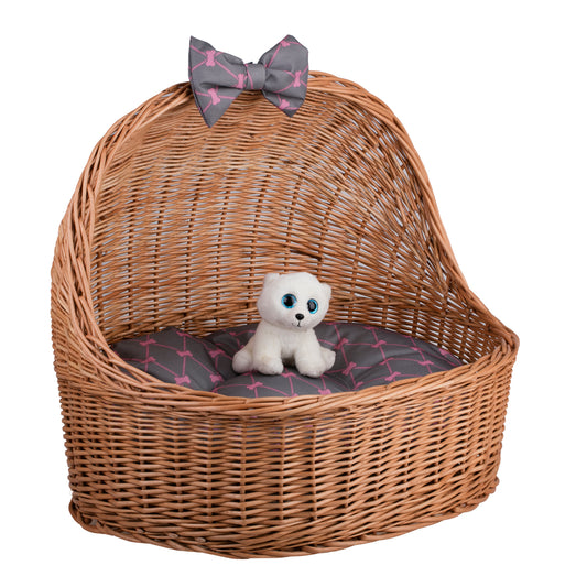 Elarion wiklinowy domek dla psa i kota z poduszką i kokardą TheWickerStories