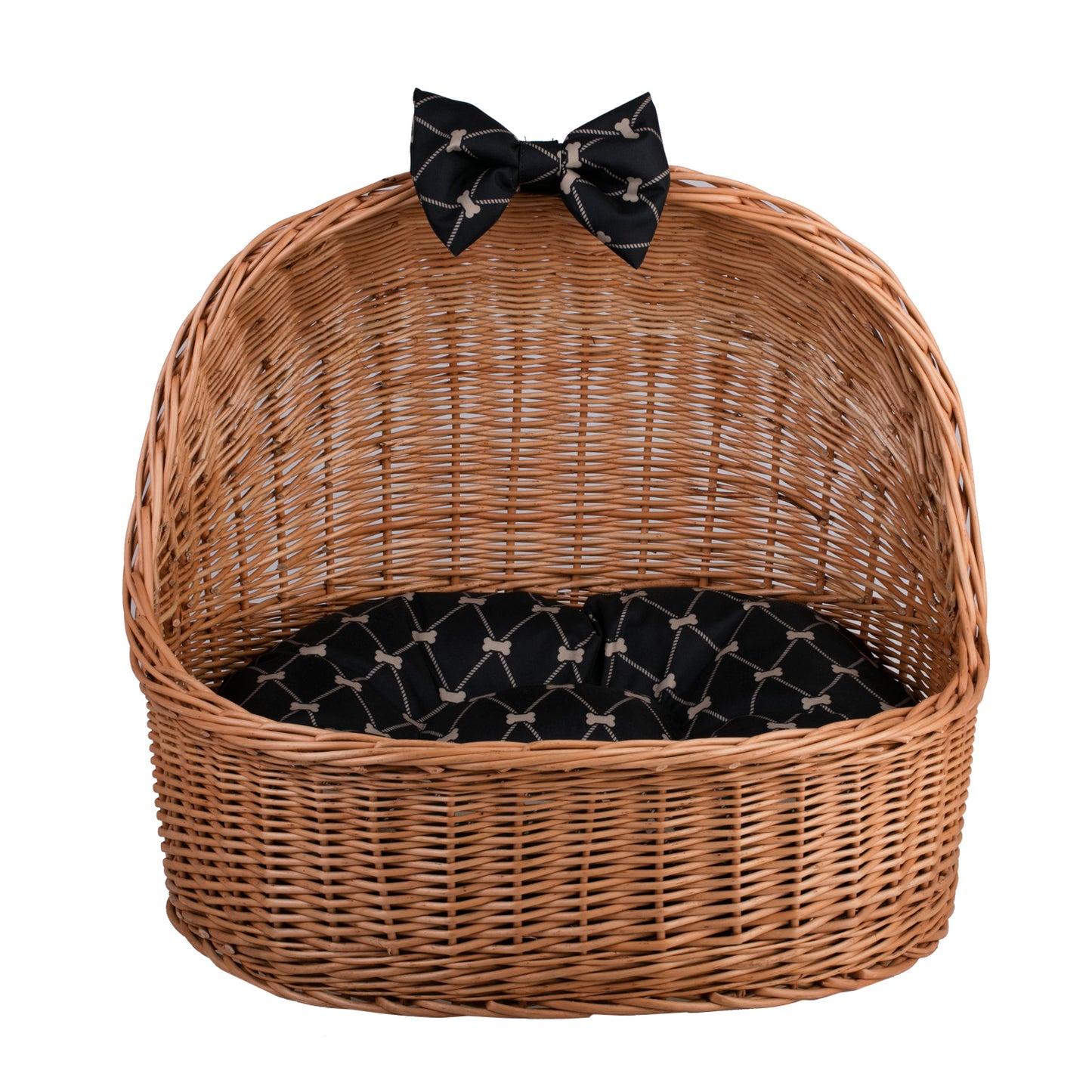 Elsa wiklinowy koszyk legowisko dla zwierząt z czarną poduszką i kokardą TheWickerStories