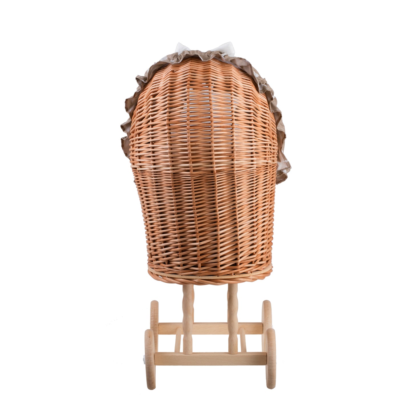 Lulu wiklinowy wózek dla lalek z beżowym obszyciem, kołderką i poduszką TheWickerStories