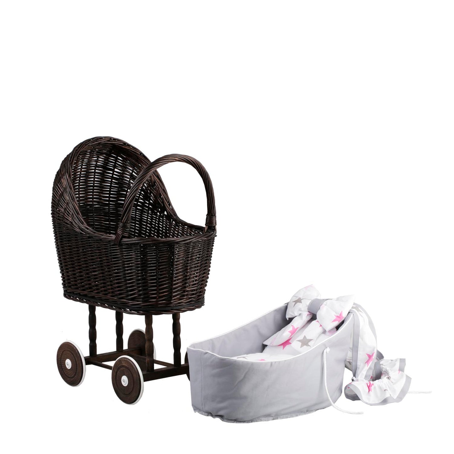Lulu wiklinowy wózek dla lalek z szarym obszyciem, kołderką i poduszką TheWickerStories