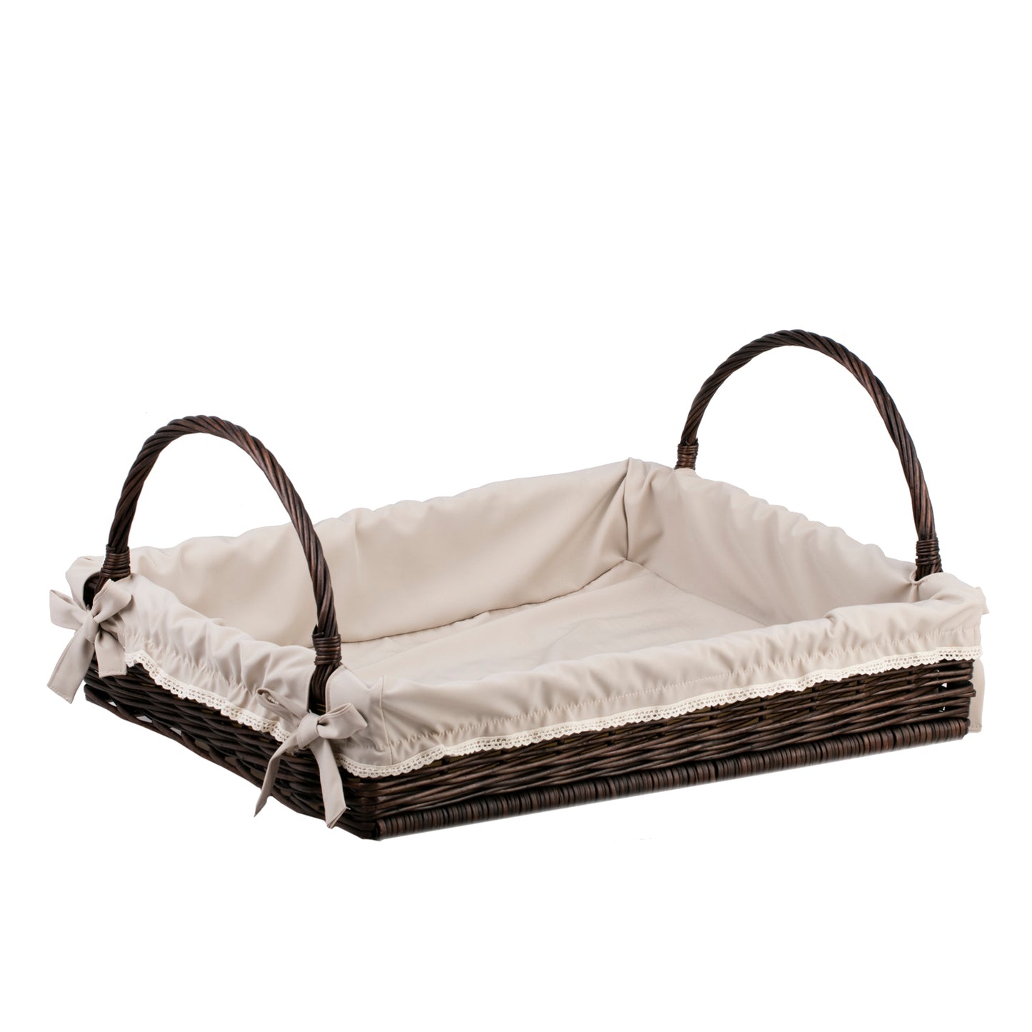 Wiklinowa prostokątna taca z uchwytami i obszyciem TheWickerStories