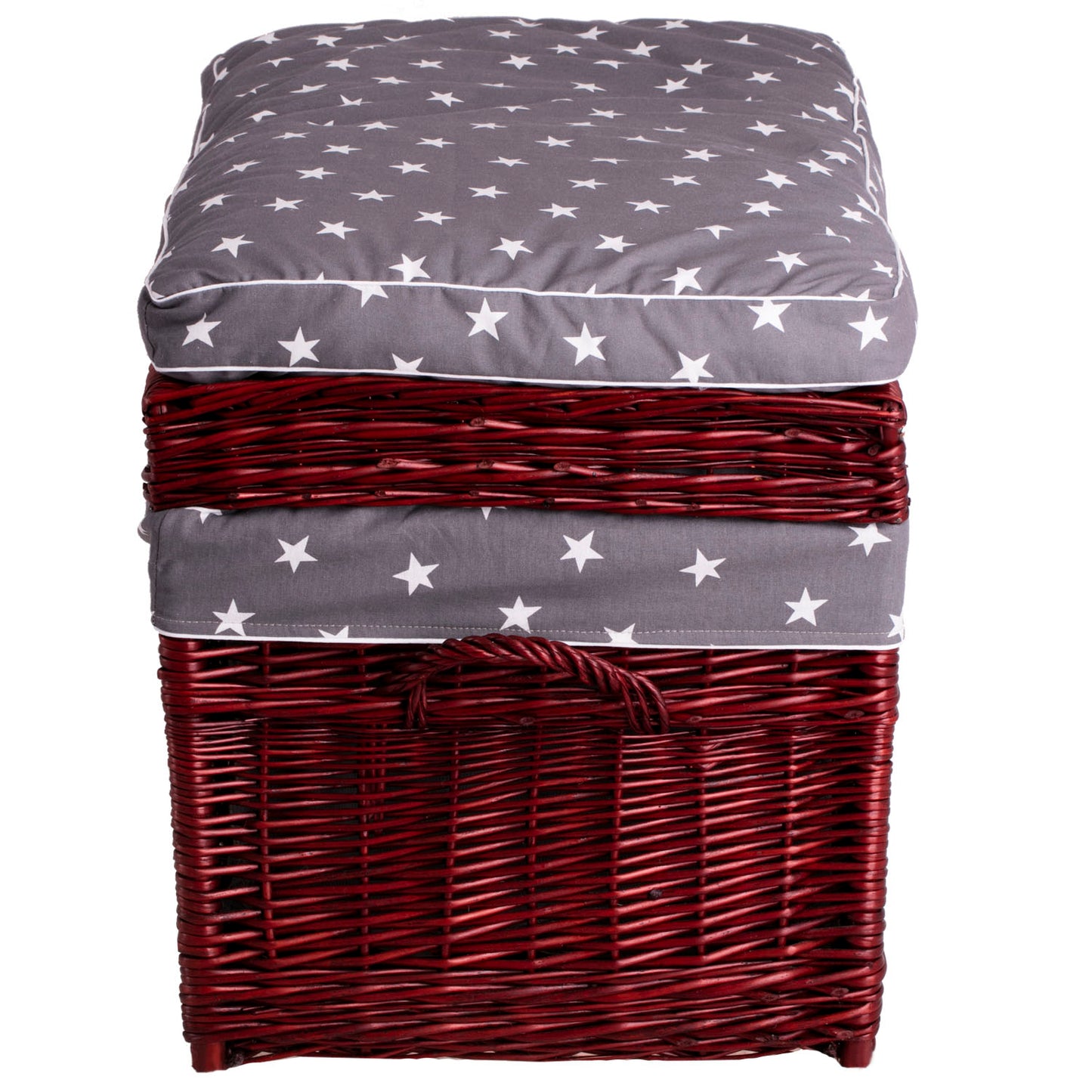 Kogia wiklinowy kosz z szarym obszyciem, poduszką, rączkami i wiekiem TheWickerStories