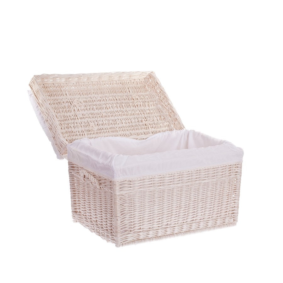 Kogia wiklinowy kosz z kremowym obszyciem, poduszką, rączkami i wiekiem TheWickerStories