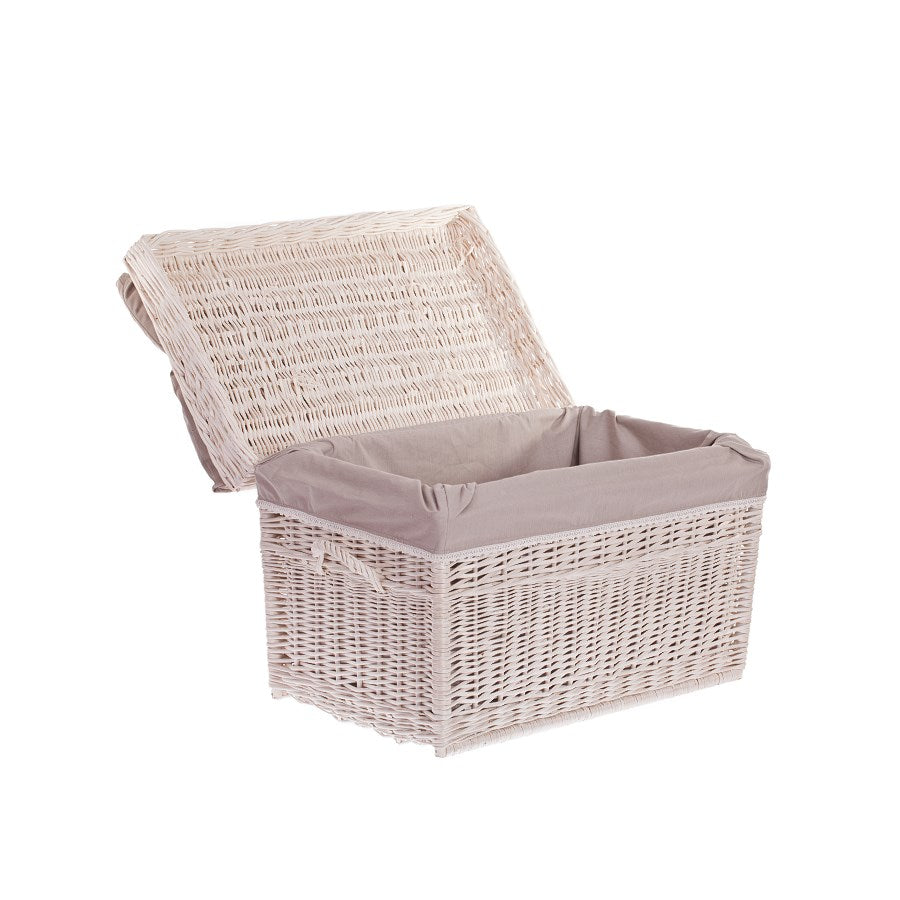 Kogia wiklinowy kosz z beżowym obszyciem, poduszką, rączkami i wiekiem TheWickerStories