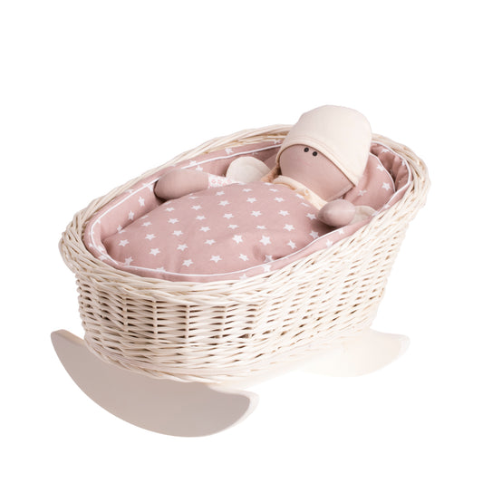 Mimi wiklinowa kołyska dla lalek z beżowym obszyciem, poduszką i kołderką TheWickerStories