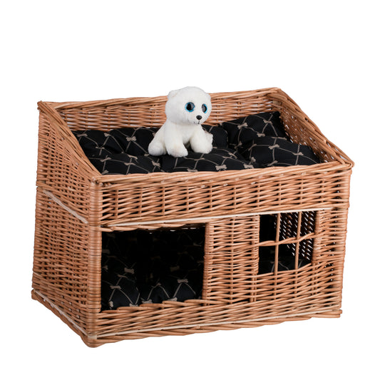 Estrella wiklinowy domek dla kota dwupoziomowy z dwoma wodoodpornymi poduszkami i okienkiem TheWickerStories
