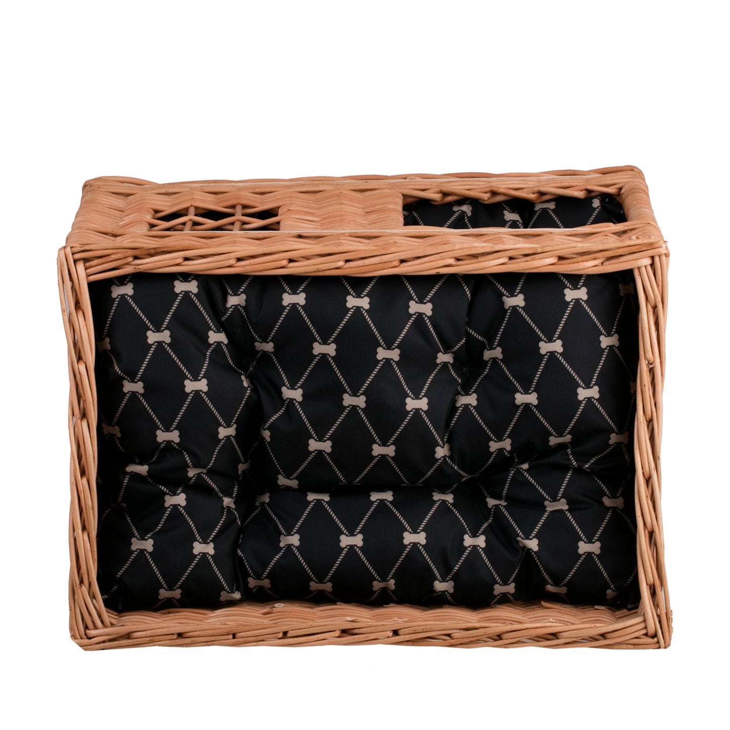 Estrella wiklinowy domek dla kota dwupoziomowy z dwoma wodoodpornymi poduszkami i okienkiem TheWickerStories