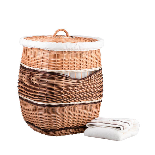 Milar wiklinowy kosz na pranie z białym obszyciem, z pokrywą i uchwytem TheWickerStories