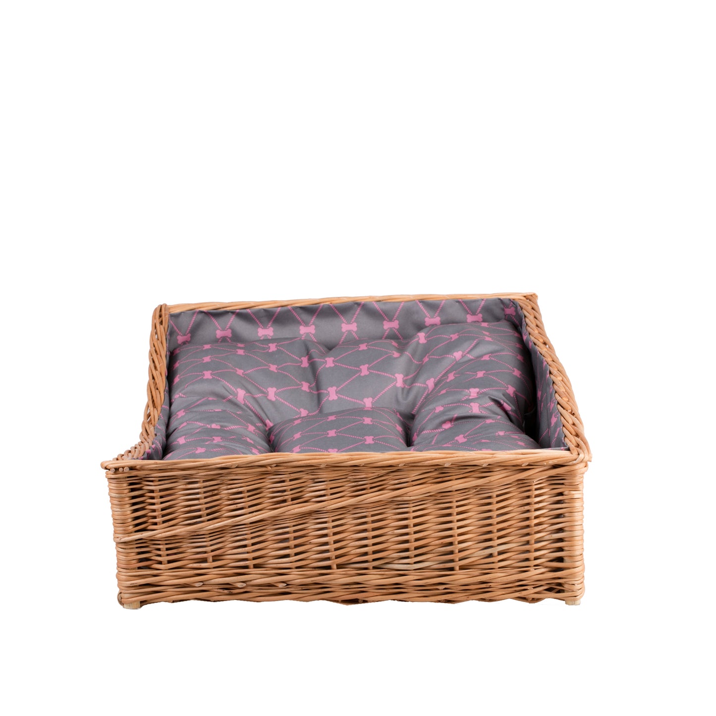 Eris wiklinowy kosz dla psa i kota z szarą poduszką, z obniżonym wejściem TheWickerStories