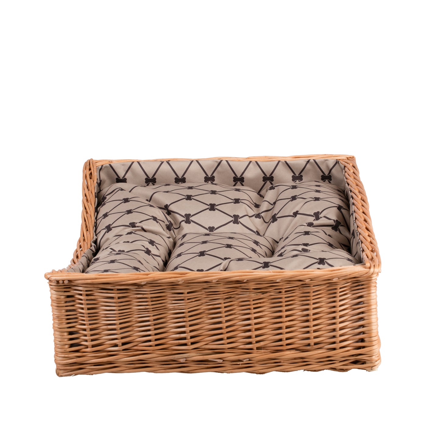Eris wiklinowy kosz-legowisko dla psa i kota z beżowym obszyciem, z poduszką i obniżonym wejściem TheWickerStories