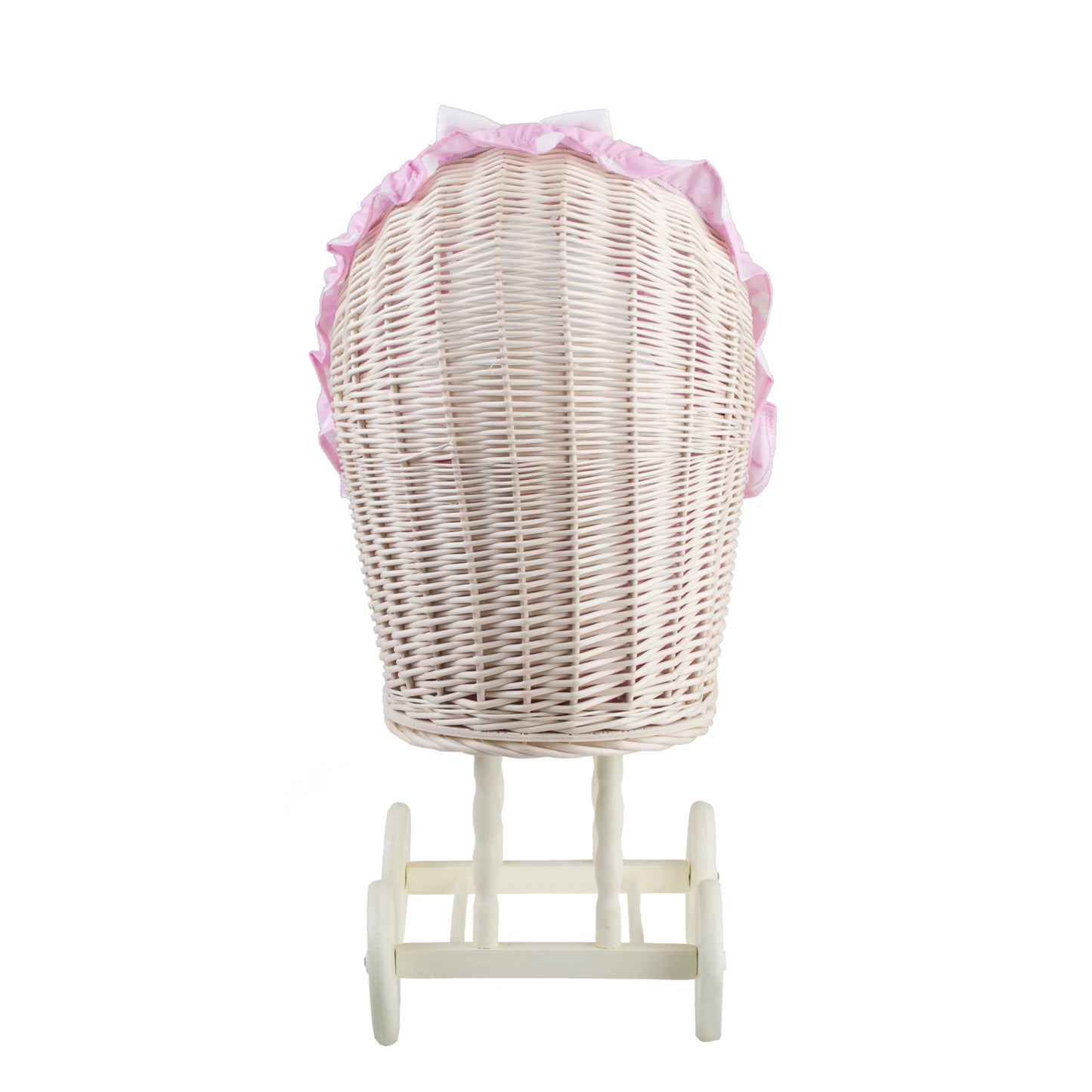 Lulu wiklinowy wózek dla lalek z różowym obszyciem, kołderką i poduszką TheWickerStories