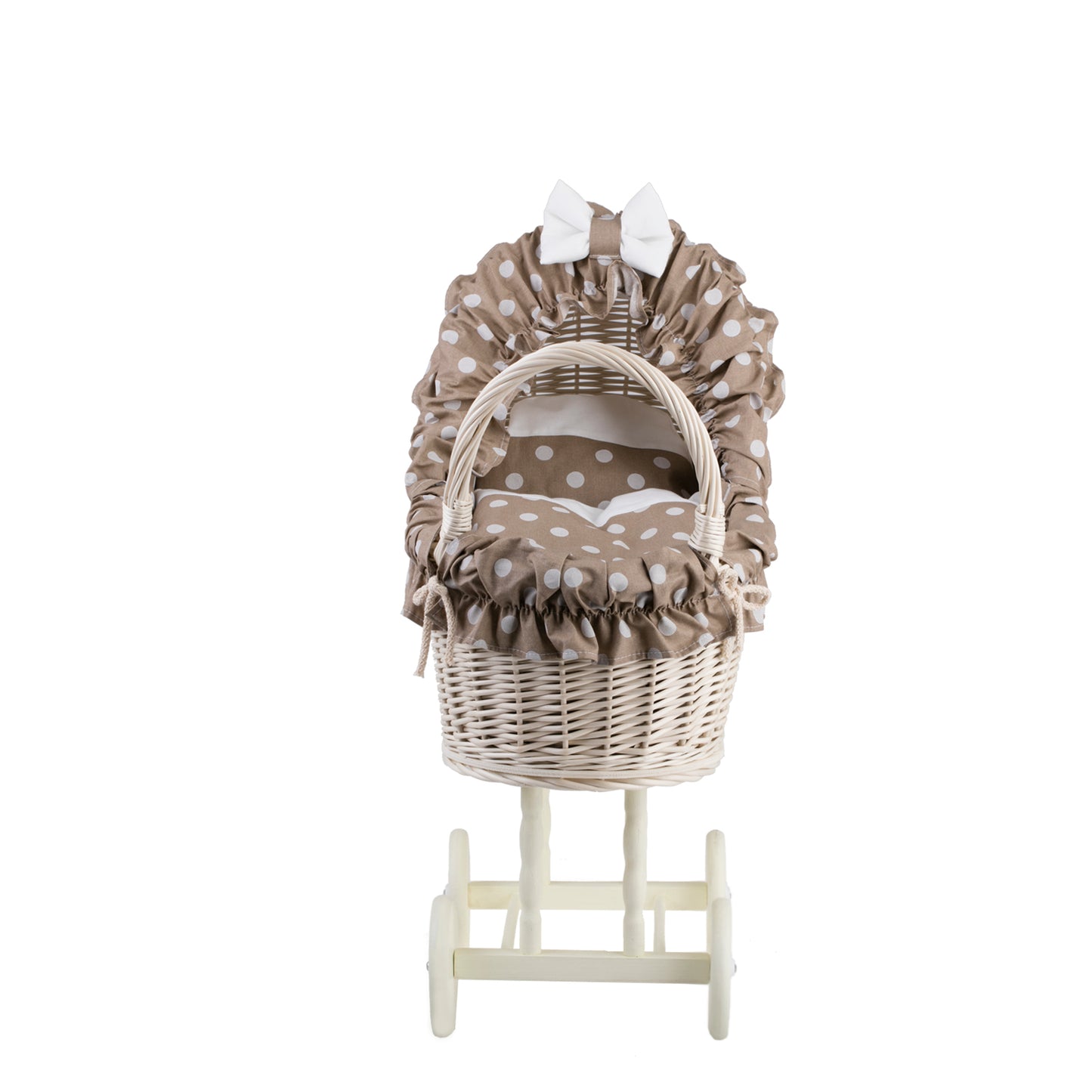 Lulu wiklinowy wózek dla lalek z beżowym obszyciem, kołderką i poduszką TheWickerStories