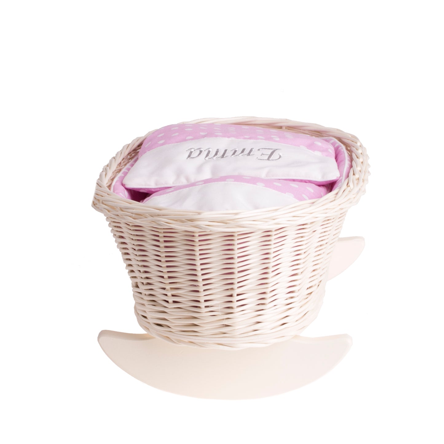 Mimi wiklinowa kołyska dla lalek z personalizacją, różowym obszyciem, poduszką i kołderką TheWickerStories