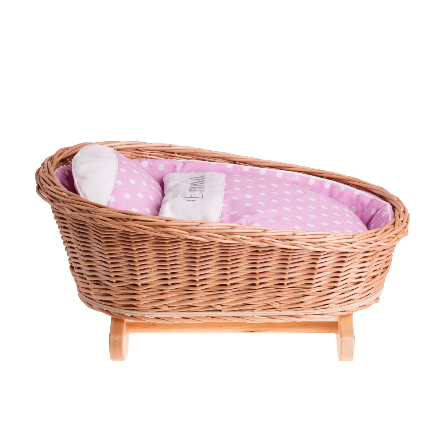 Mimi wiklinowa kołyska dla lalek z personalizacją, różowym obszyciem, poduszką i kołderką TheWickerStories