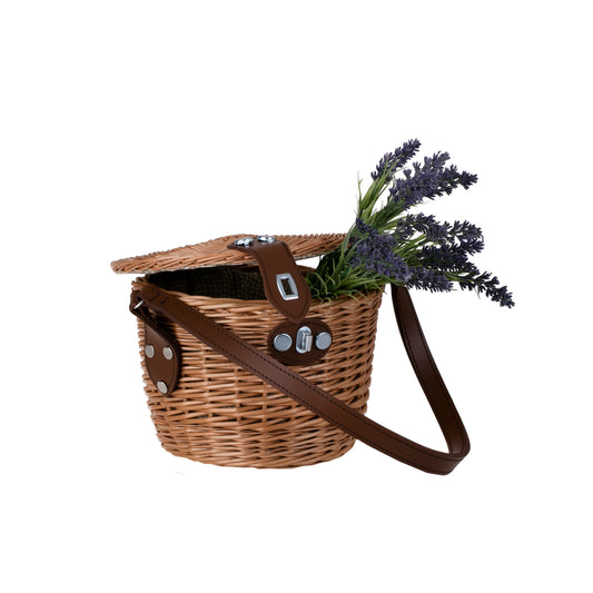 Rivora wiklinowy kosz-torebka na ramię z pokrywą i skórzanym paskiem TheWickerStories