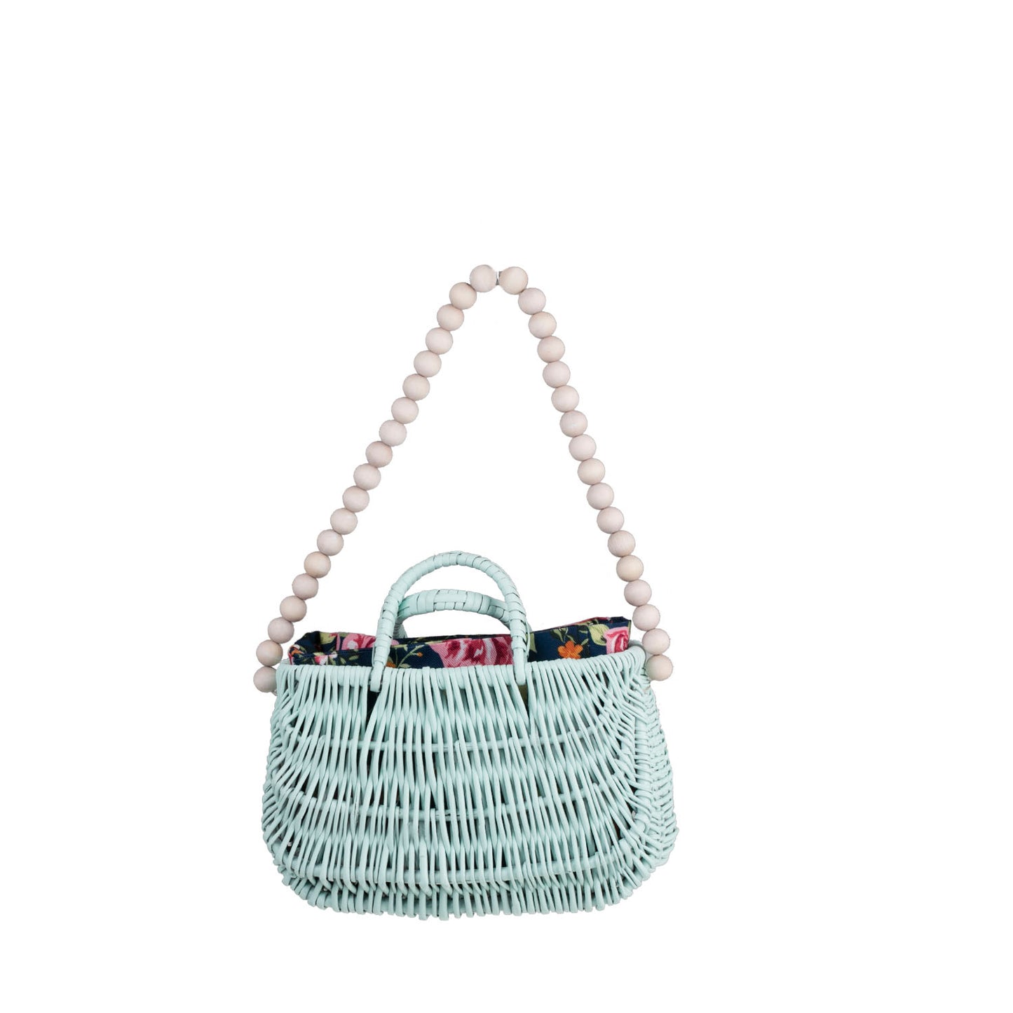 Werlissa wiklinowa torebka na plażę z granatowym obszyciem, z rączkami i paskiem z drewnianych koralików TheWickerStories