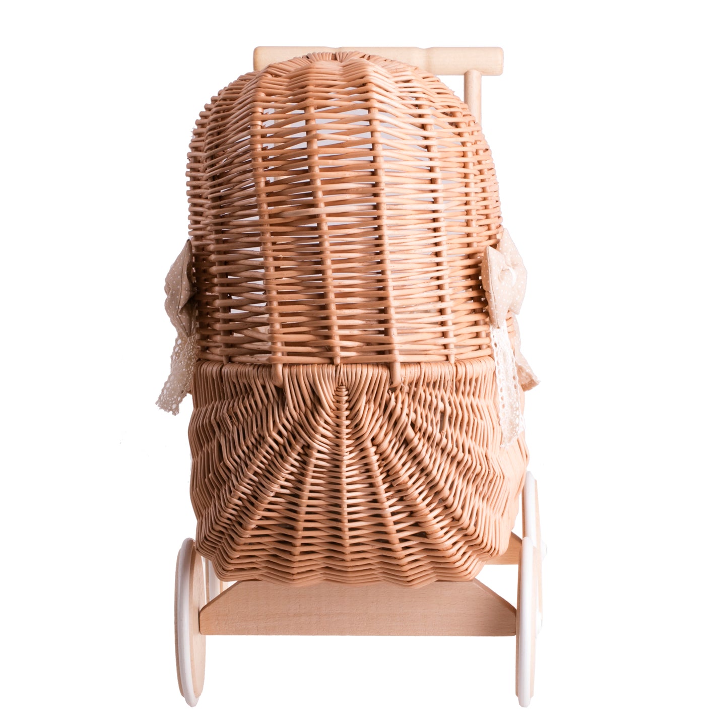 Lala Puppenwagen aus Weide mit beigem Besatz, Decke und Kissen TheWickerStories