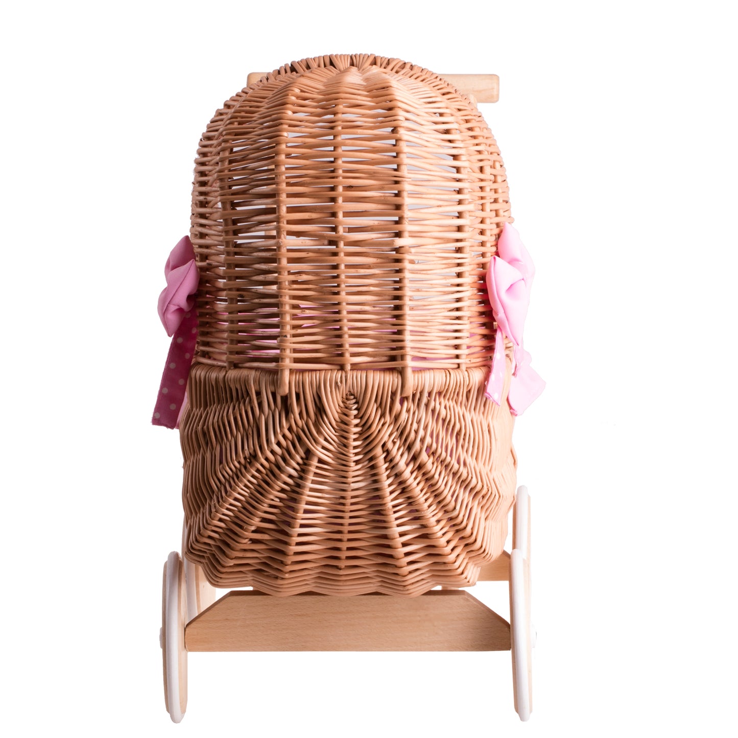 Lala wiklinowy wózek dla lalek z różowym obszyciem, kołderką i poduszką TheWickerStories