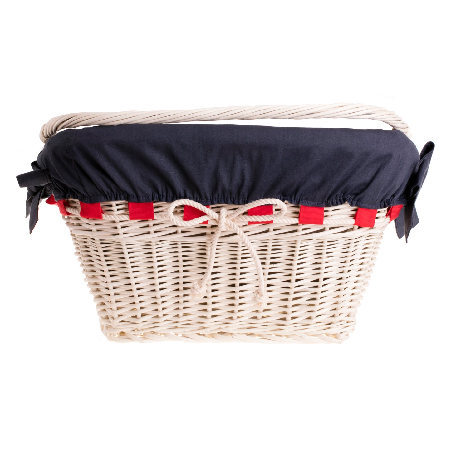 Magnus wiklinowy kosz na rower z granatowym obszyciem, z rączką i kokardami TheWickerStories
