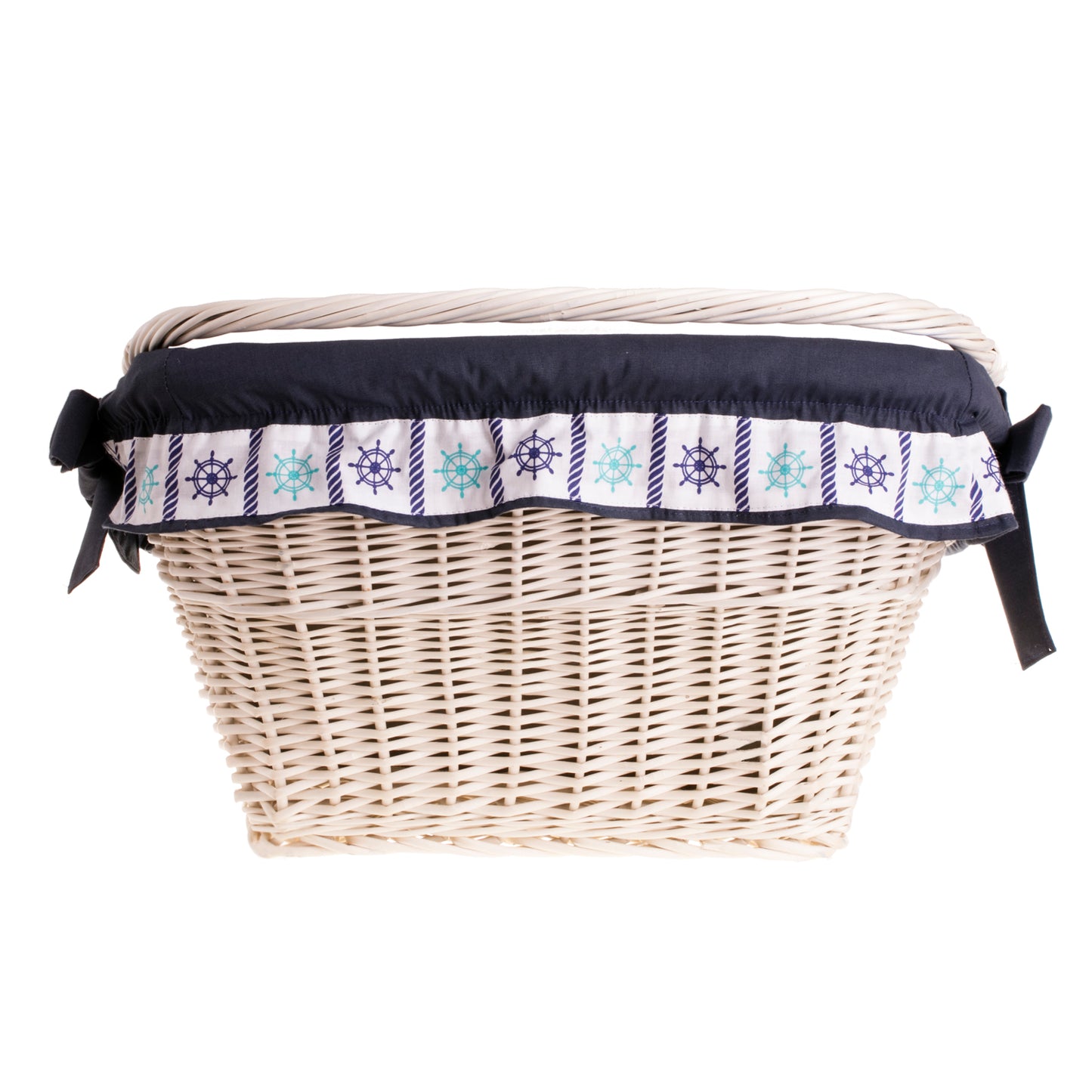 Magnus wiklinowy kosz na rower na kierownicę z granatowym obszyciem i rączką TheWickerStories