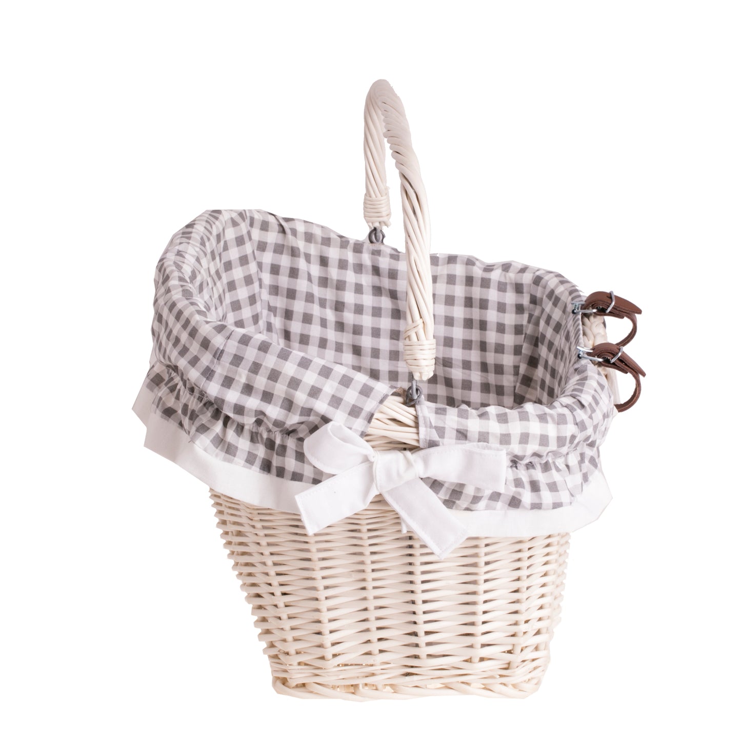 Magnus wiklinowy kosz na rower z szarym obszyciem, z rączką i skórzanymi paskami TheWickerStories