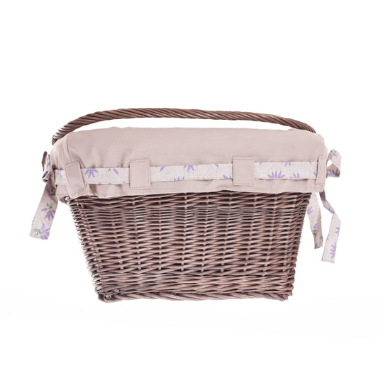 Marinus wiklinowy kosz na rower z beżowym obszyciem, z paskami mocującymi TheWickerStories