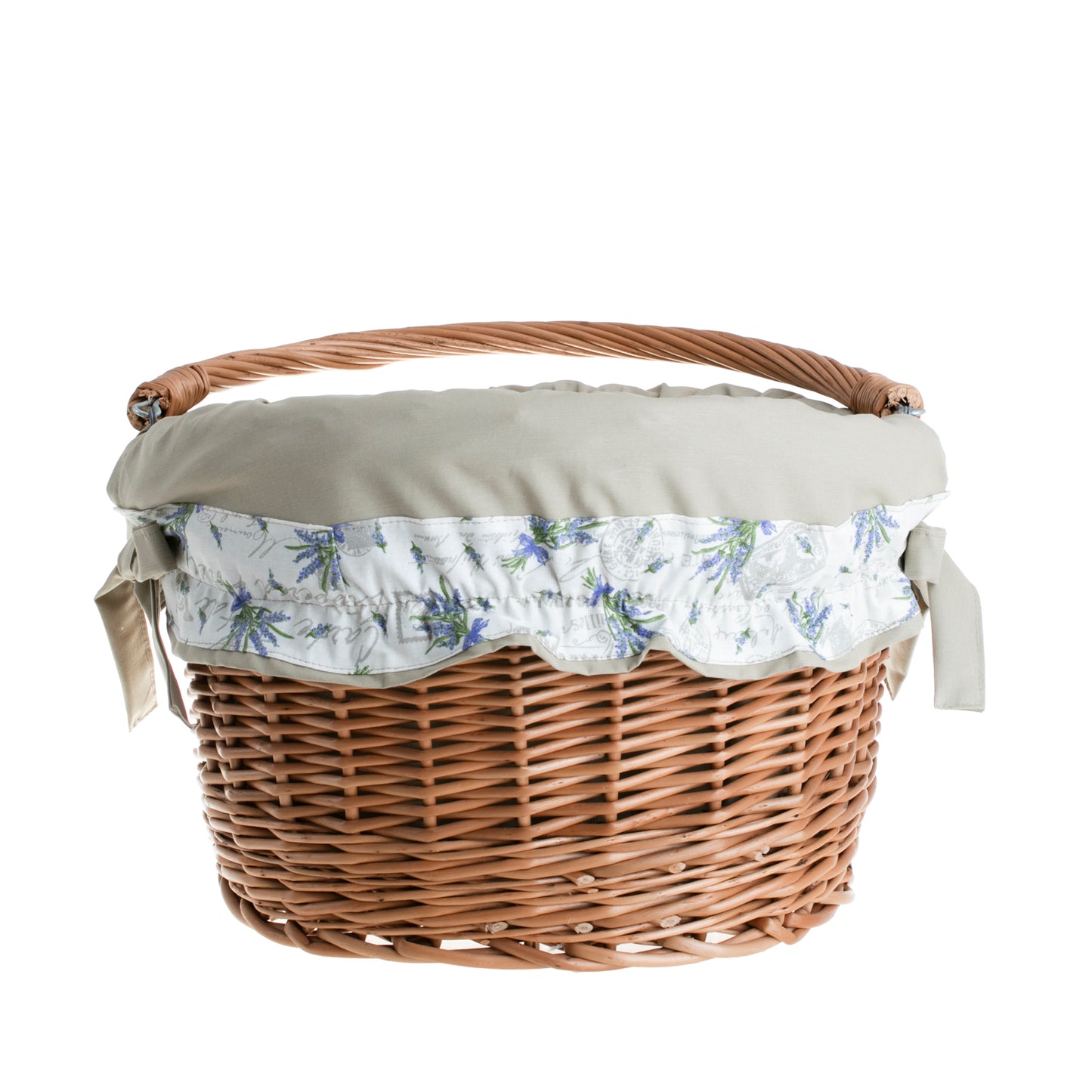 Maxian wiklinowy kosz na rower z beżowym obszyciem, z rączką i mocowaniem na kierownicę TheWickerStories