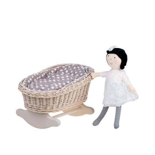 Mimi wiklinowa kołyska dla lalek z brązowym obszyciem, poduszką i kołderką TheWickerStories