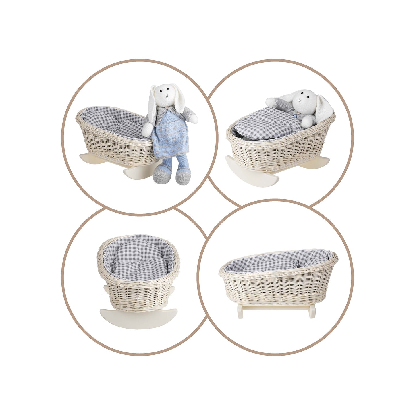 Mimi wiklinowa kołyska dla lalek z szarym obszyciem, poduszką i kołderką TheWickerStories