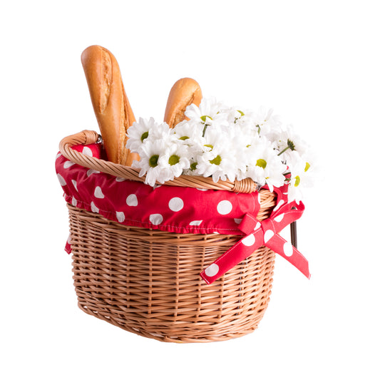 Magnus wiklinowy kosz na rower z czerwonym obszyciem, z rączką i hakami TheWickerStories