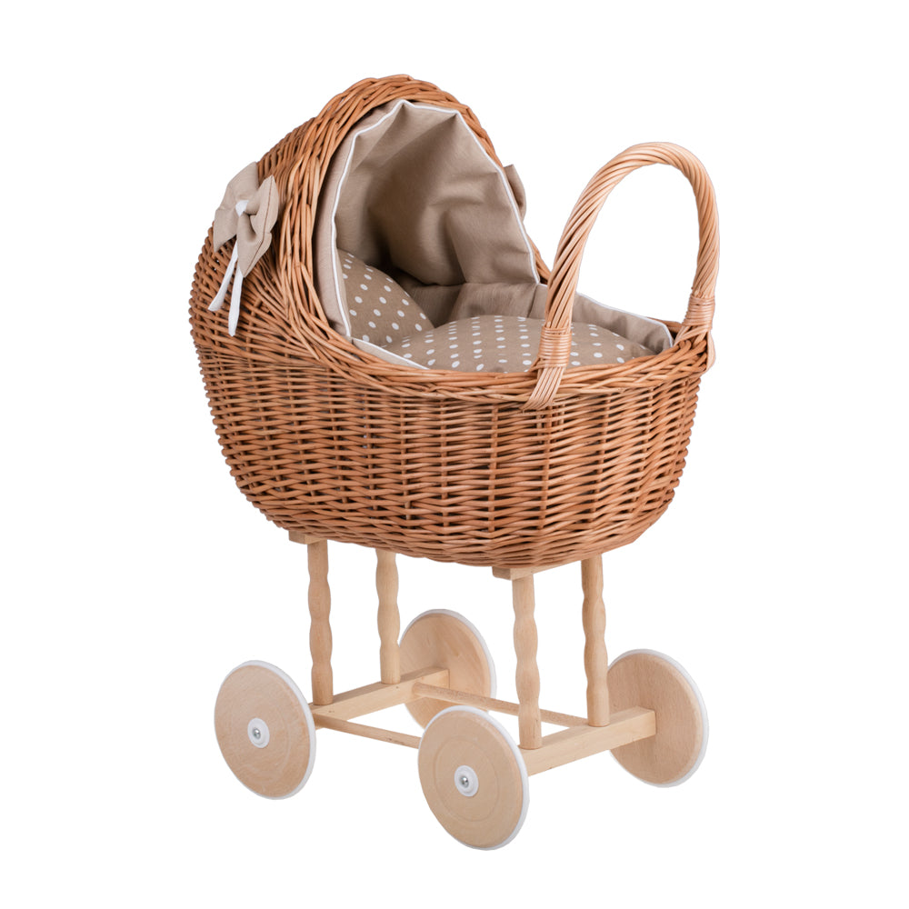 Lena wiklinowy wózek i kołyska dla lalek z beżowym obszyciem, kołderką i poduszką TheWickerStories