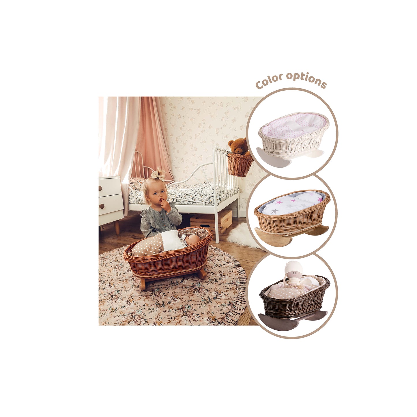 Mimi wiklinowa kołyska dla lalek z personalizacją, beżowym obszyciem, poduszką i kołderką TheWickerStories