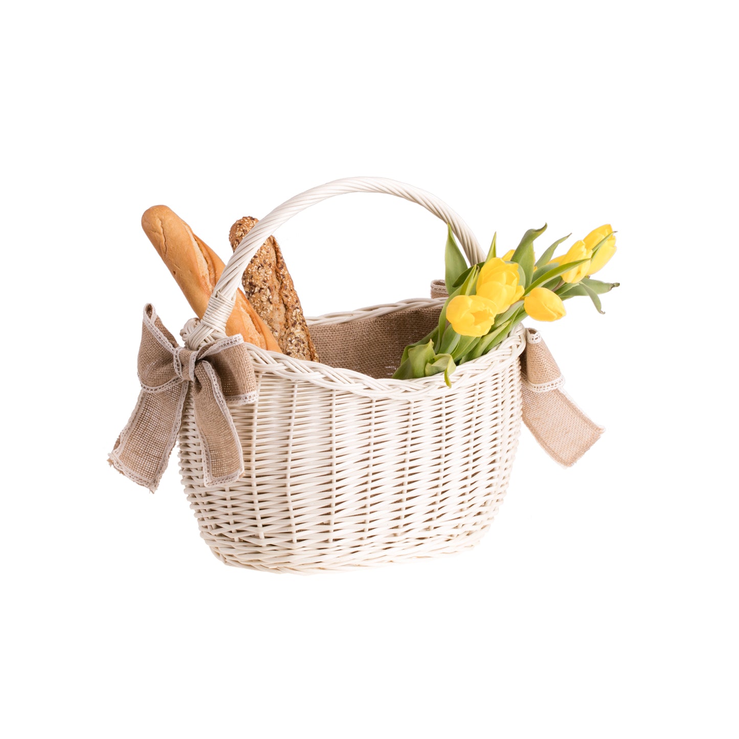 Wavellia wiklinowy kosz na zakupy z jutowym wykończeniem, rączką i kokardami TheWickerStories