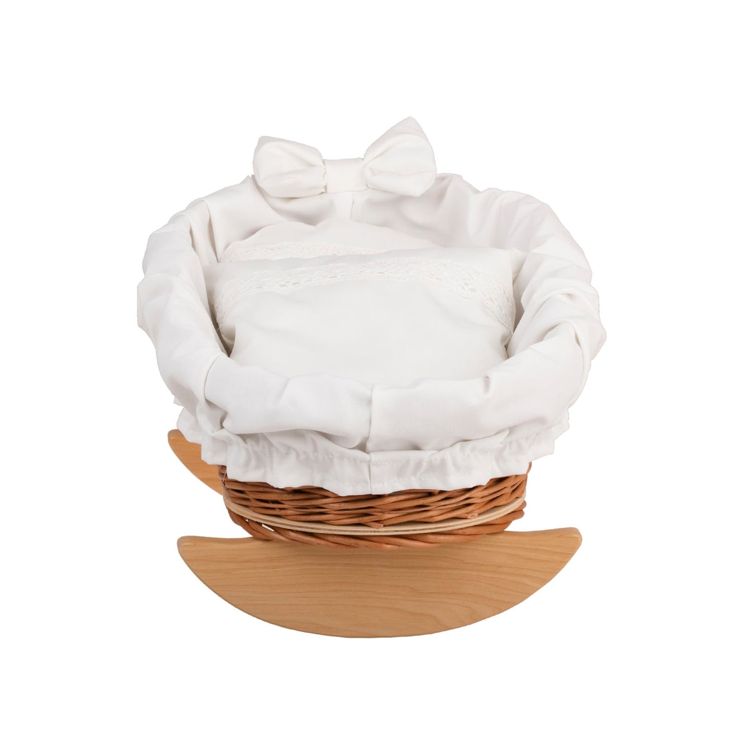 Mimi wiklinowa kołyska dla lalek z białym obszyciem, poduszką i kołderką TheWickerStories