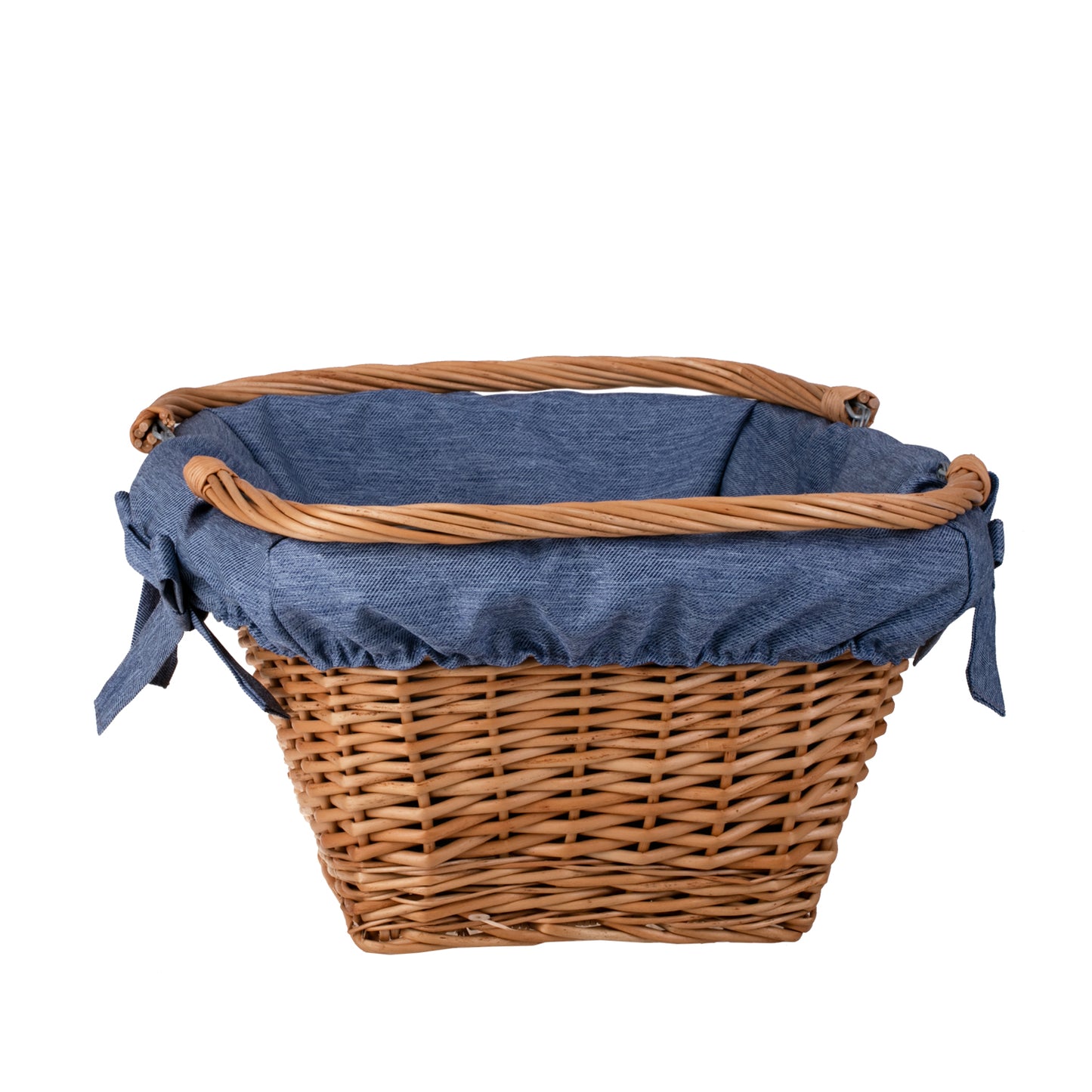 Wulfhildis kosz na zakupy z rączką wiklinową i niebieskim obszyciem TheWickerStories
