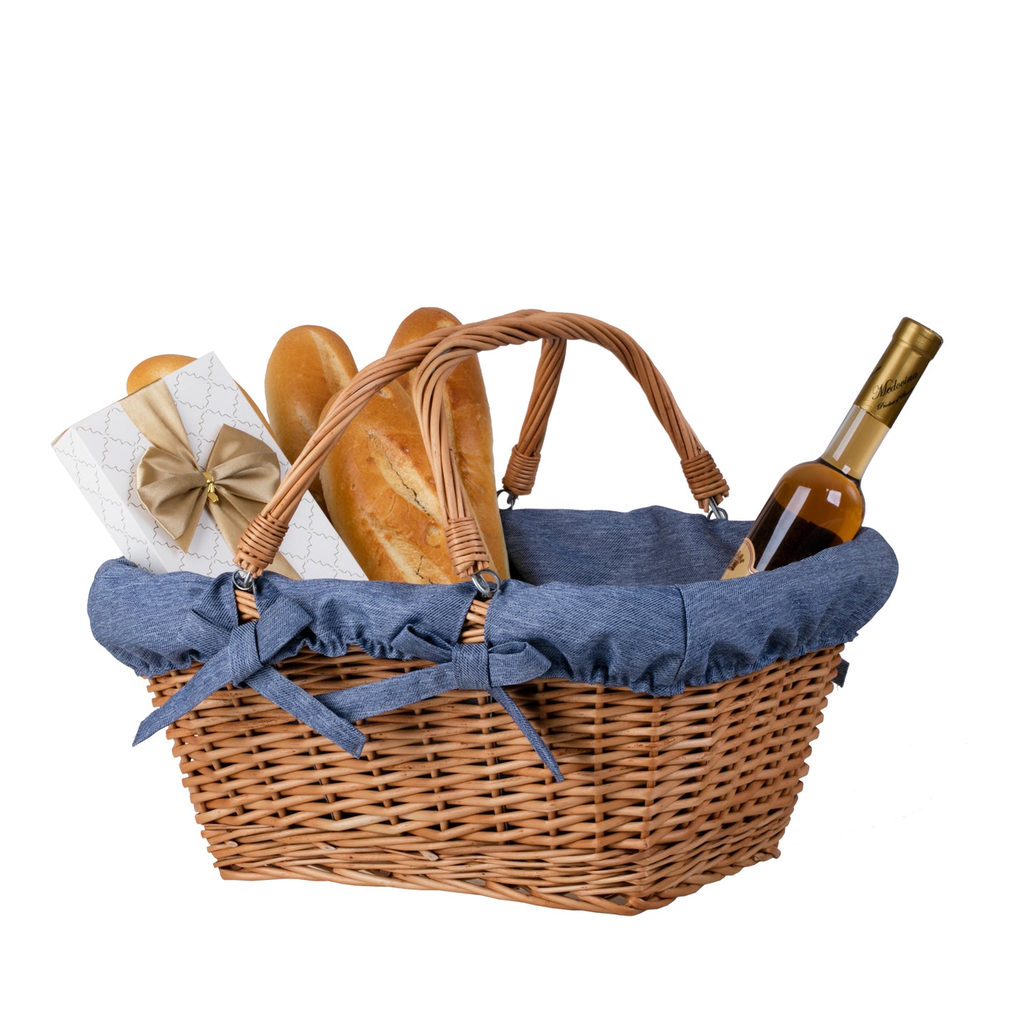 Wulfhildis kosz na zakupy z rączką wiklinową i niebieskim obszyciem TheWickerStories