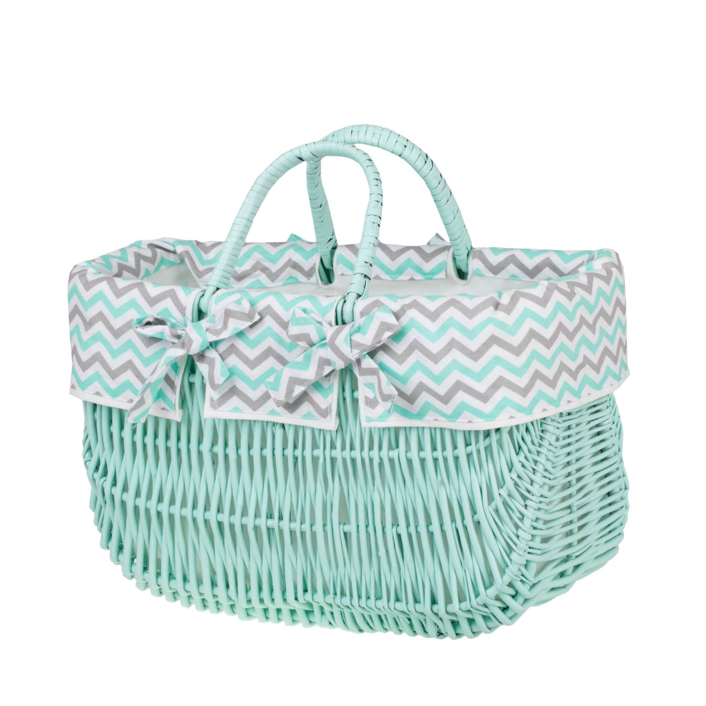 Werlissa wiklinowy koszyk zakupowy z miętowym obszyciem i rączkami TheWickerStories