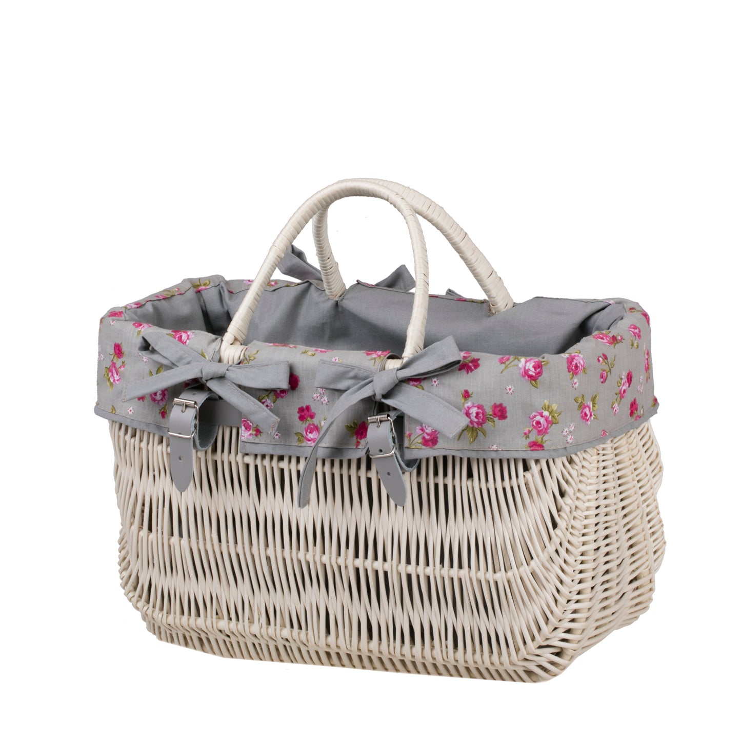Werlissa wiklinowy kosz na rower z szarym obszyciem, z rączkami TheWickerStories