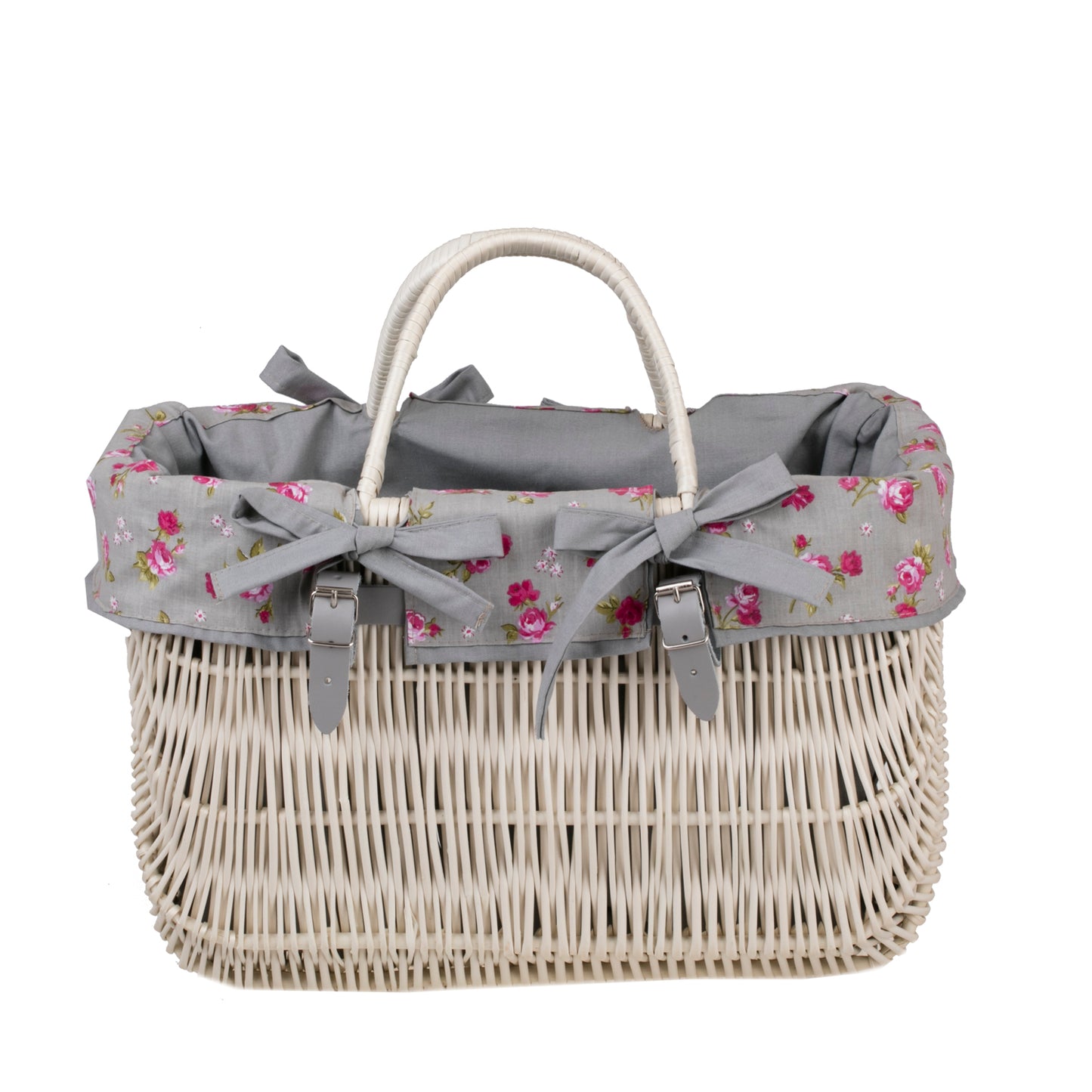 Werlissa wiklinowy kosz na rower z szarym obszyciem, z rączkami TheWickerStories