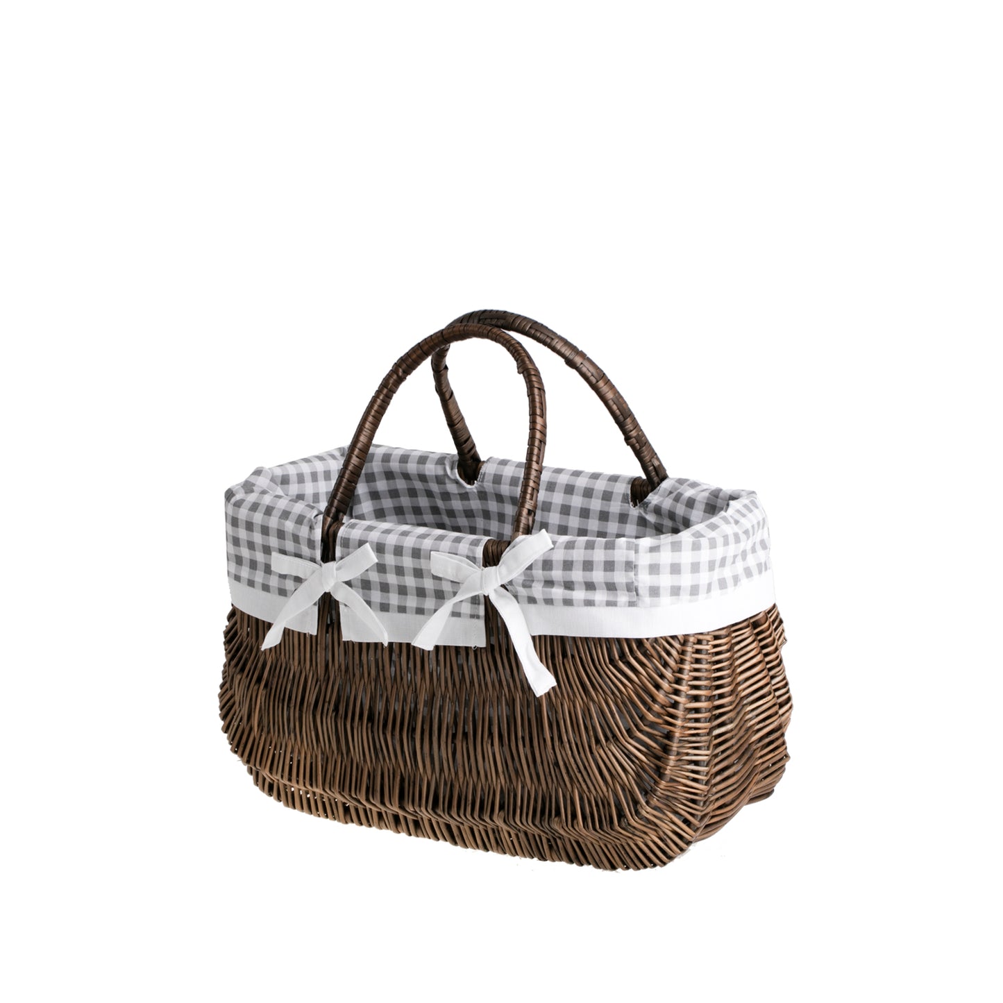 Werlissa wiklinowy koszyk zakupowy z szarym obszyciem i rączkami TheWickerStories