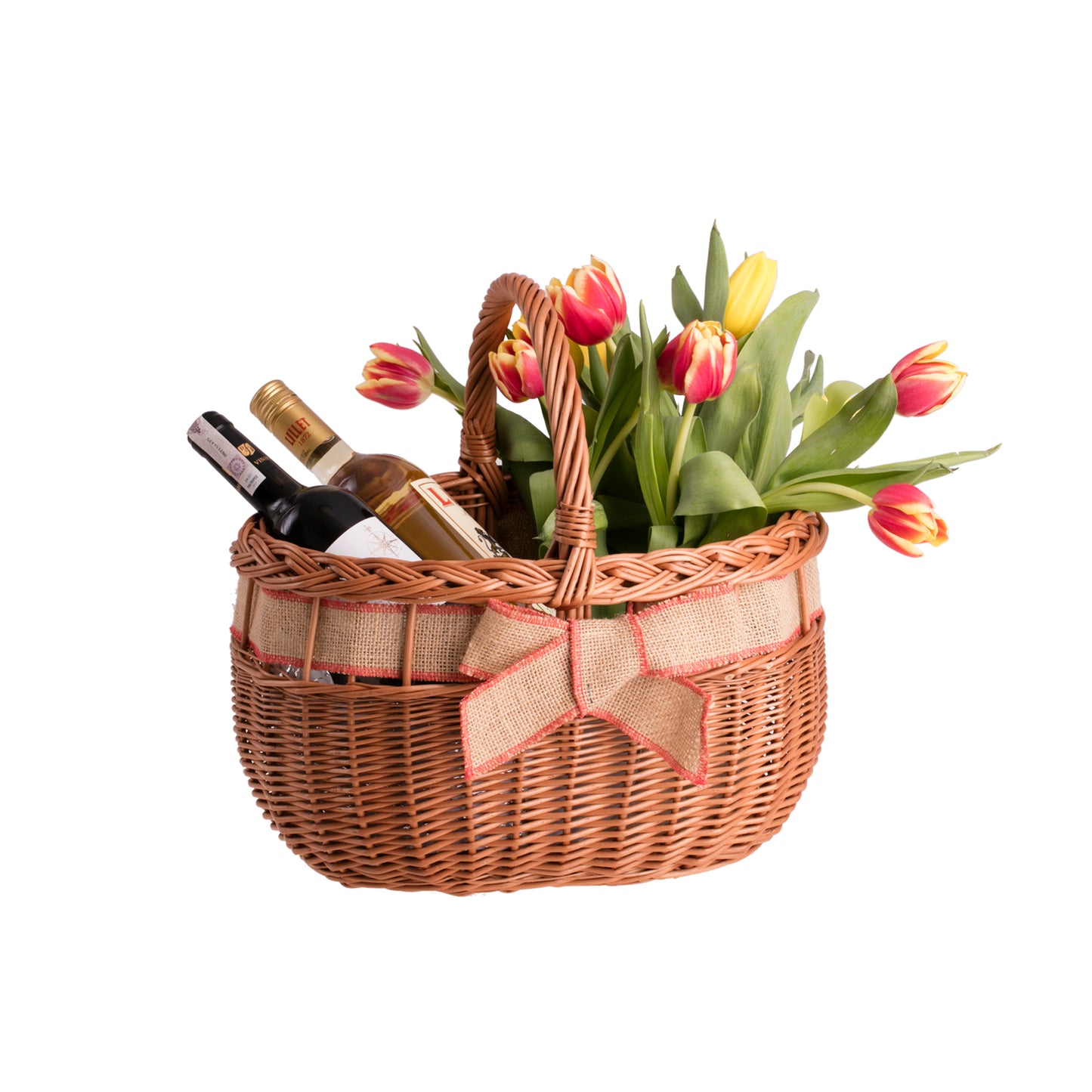 Winalia wiklinowy kosz na zakupy z jutowym obszyciem i kokardą, z rączką TheWickerStories