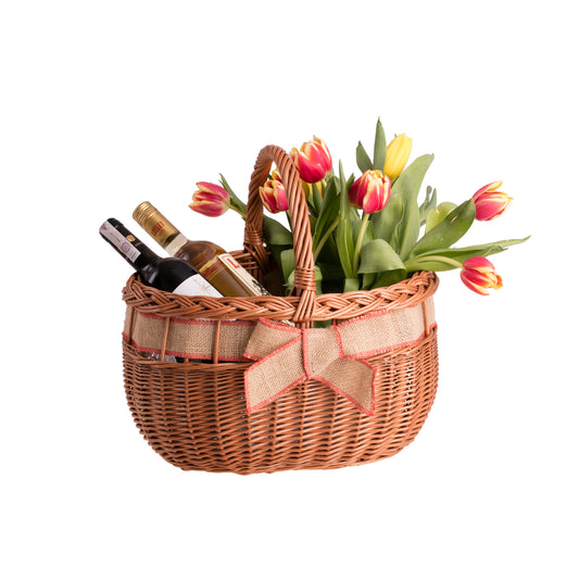 Winalia wiklinowy kosz na zakupy z jutowym obszyciem i kokardą, z rączką TheWickerStories
