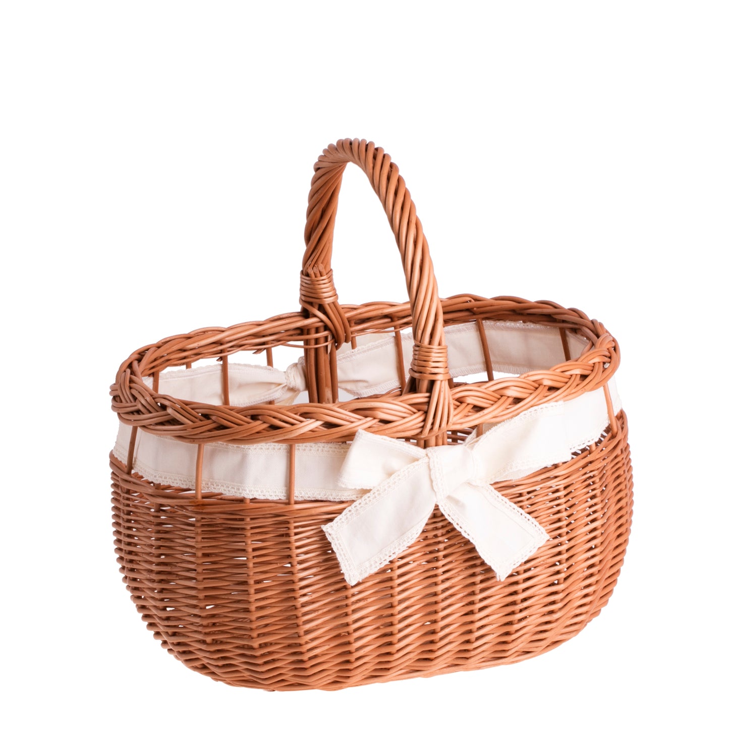 Winalia wiklinowy kosz na zakupy z kremowym obszyciem, z rączką i kokardą TheWickerStories