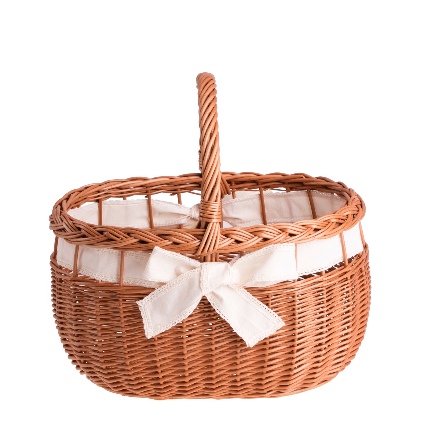 Winalia wiklinowy kosz na zakupy z kremowym obszyciem, z rączką i kokardą TheWickerStories