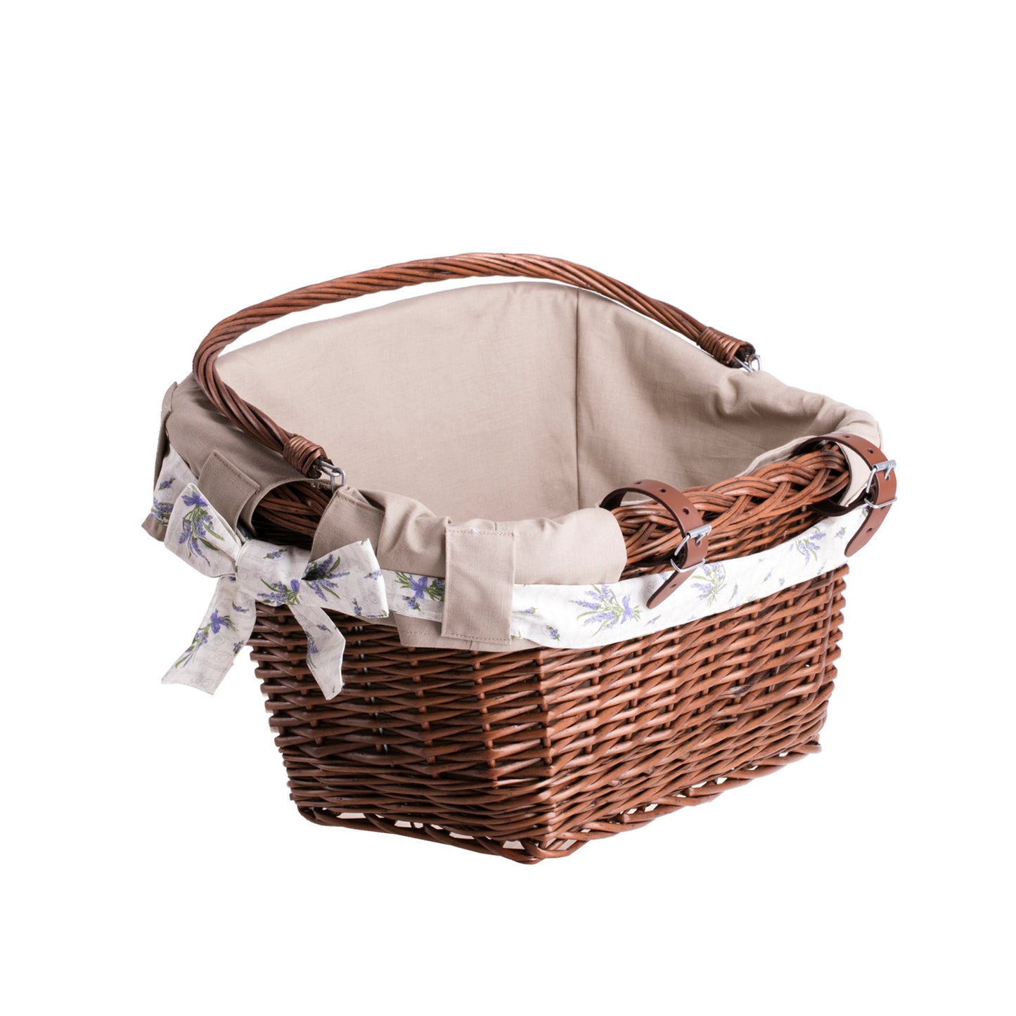 Magnus wiklinowy kosz na rower na kierownicę z beżowym obszyciem, z rączką i paskami TheWickerStories