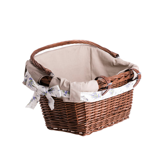 Magnus wiklinowy kosz na rower na kierownicę z beżowym obszyciem, z rączką i paskami TheWickerStories