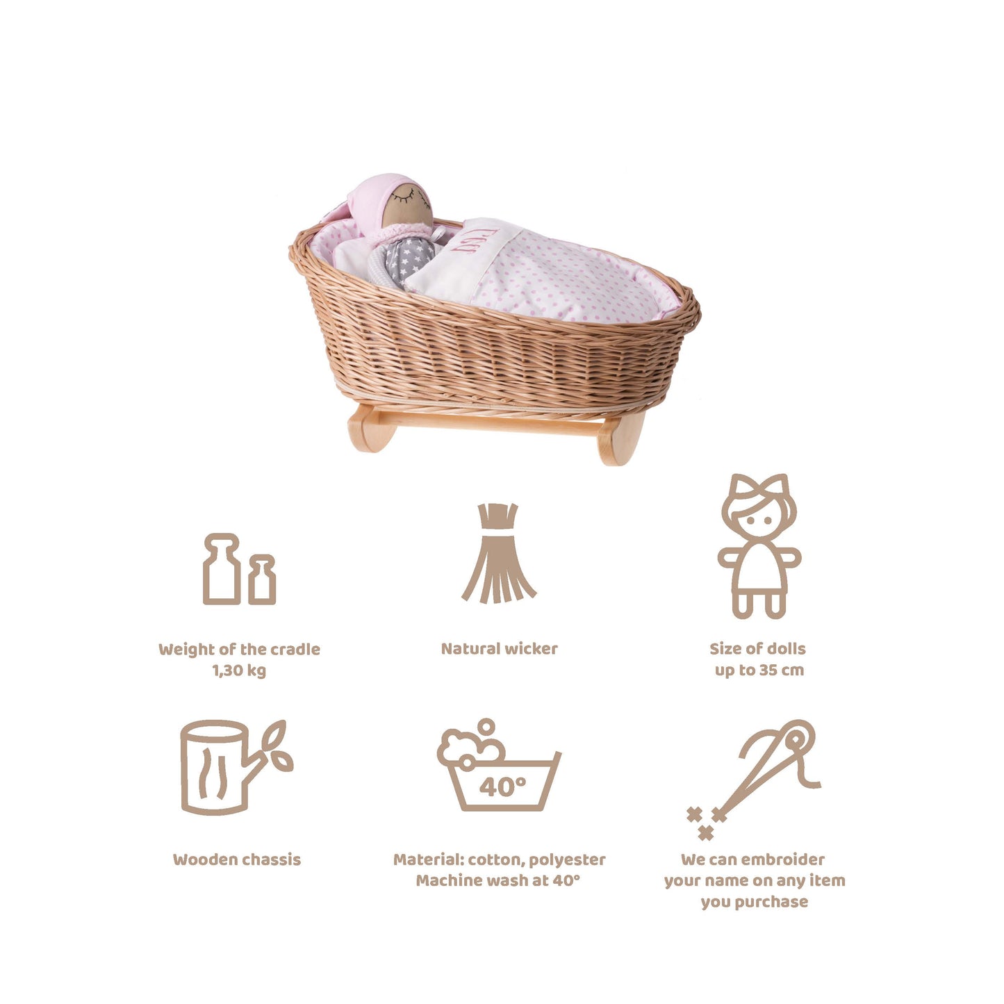 Mimi wiklinowa kołyska dla lalek z personalizacją, różowym obszyciem, poduszką i kołderką TheWickerStories