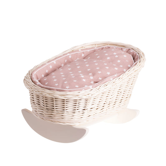 Mimi wiklinowa kołyska dla lalek z beżowym obszyciem, poduszką i kołderką TheWickerStories