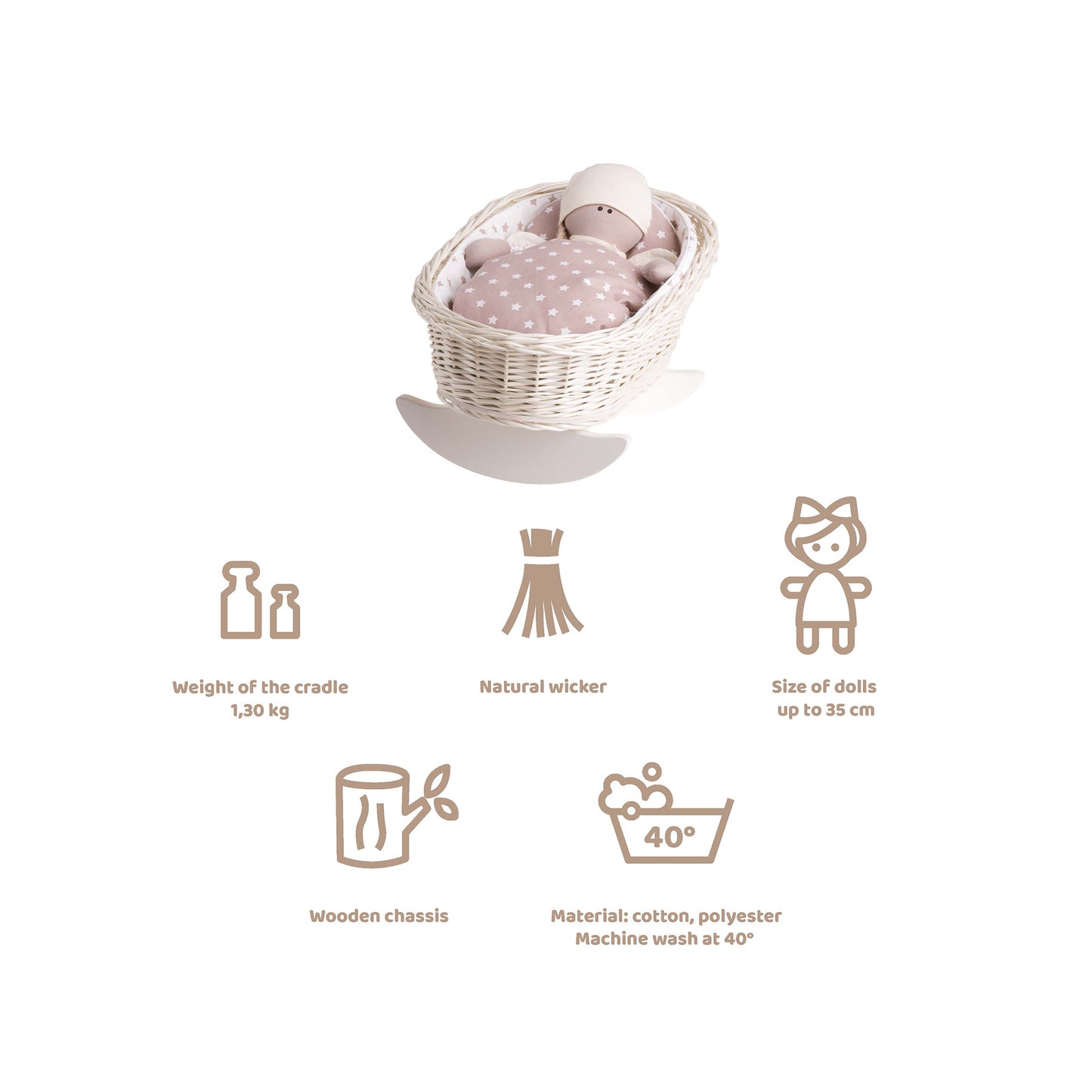 Mimi wiklinowa kołyska dla lalek z białym obszyciem, poduszką i kołderką TheWickerStories