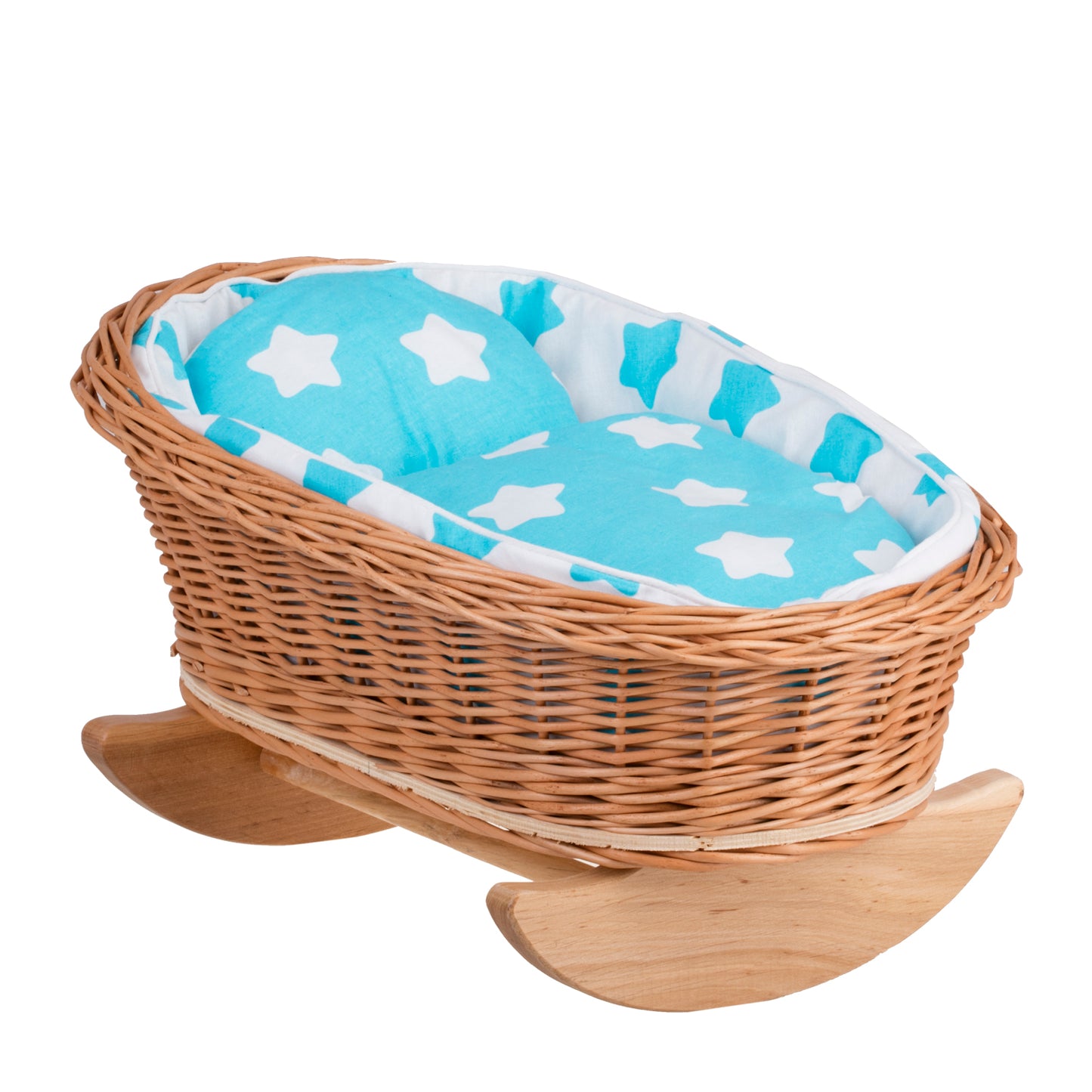 Mimi wiklinowa kołyska dla lalek z niebieskim obszyciem, poduszką i kołderką TheWickerStories